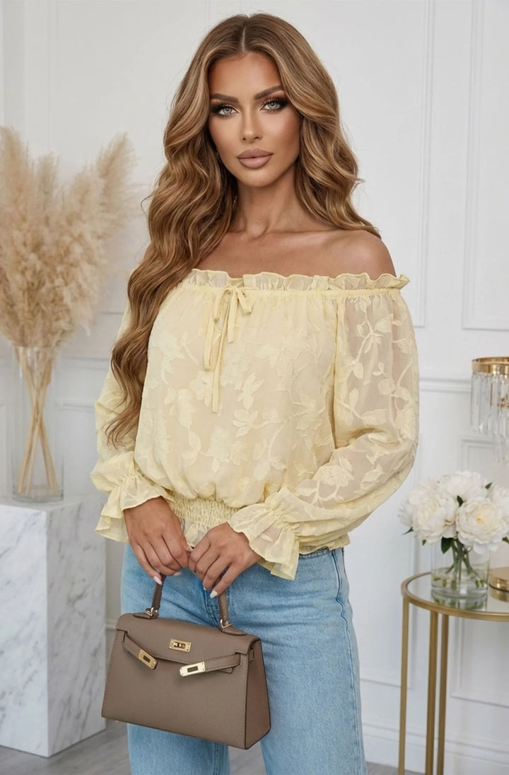 Soleil Floral Textured Bardot Off Shoulder Blouse Top-Yellow