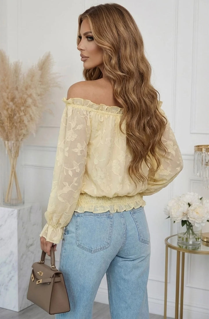 Soleil Floral Textured Bardot Off Shoulder Blouse Top-Yellow