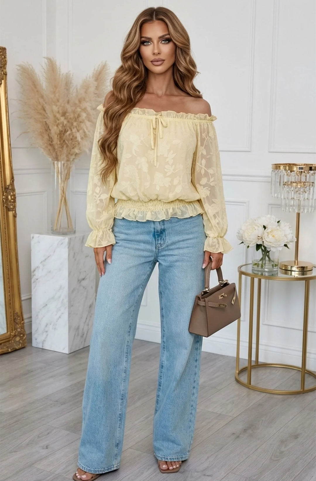 Soleil Floral Textured Bardot Off Shoulder Blouse Top-Yellow