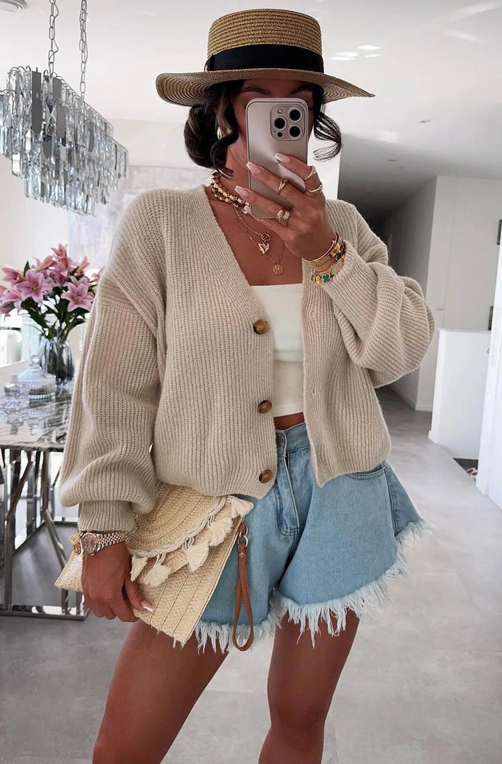 SOPHIE MELANGE STYLE KNITTED CARDIGAN-STONE