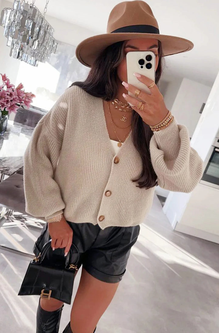 SOPHIE MELANGE STYLE KNITTED CARDIGAN-STONE