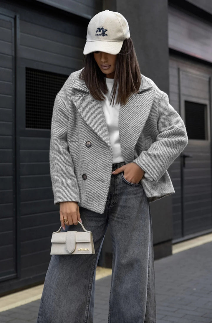STELLA STRIPED OVERSIZED COLLAR COAT-GREY