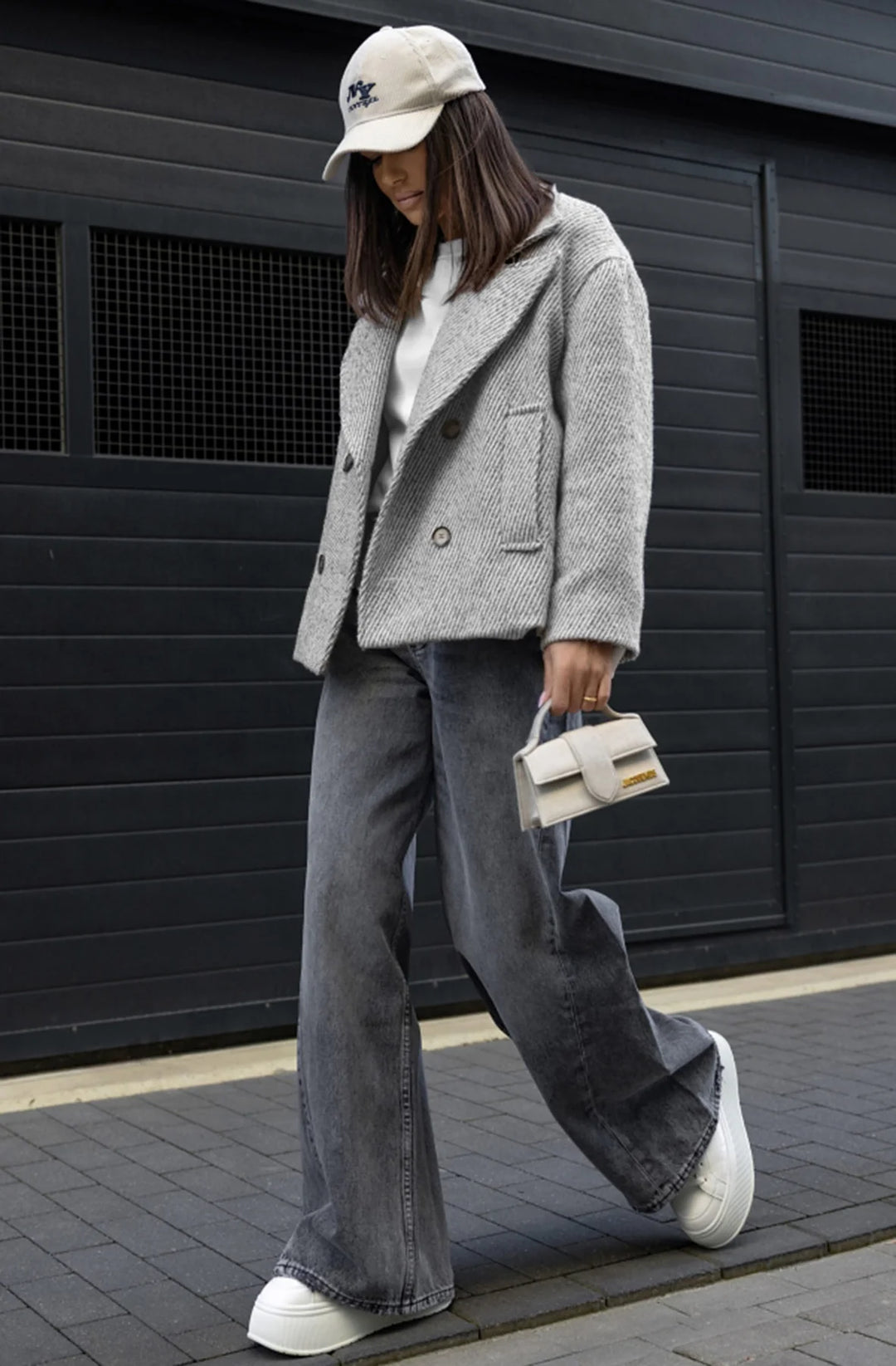 STELLA STRIPED OVERSIZED COLLAR COAT-GREY