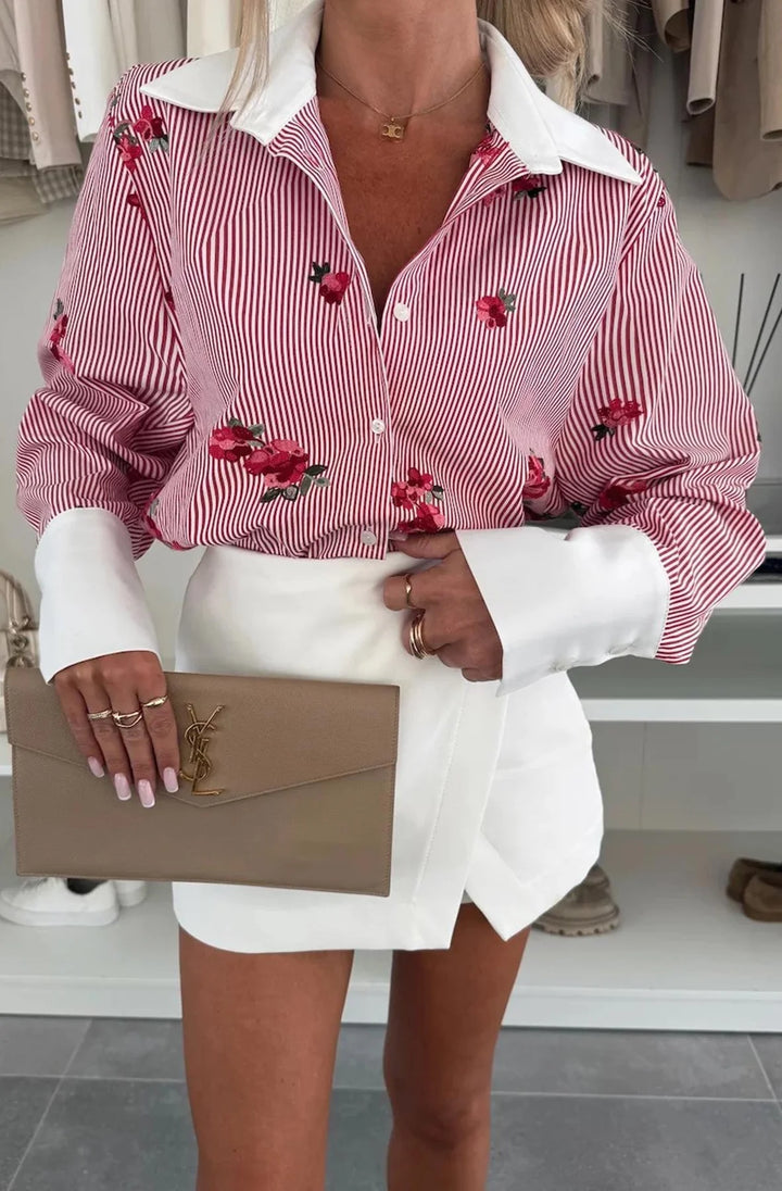 SUSAN FLORAL STRIPED BLOUSE SHIRT TOP-RED