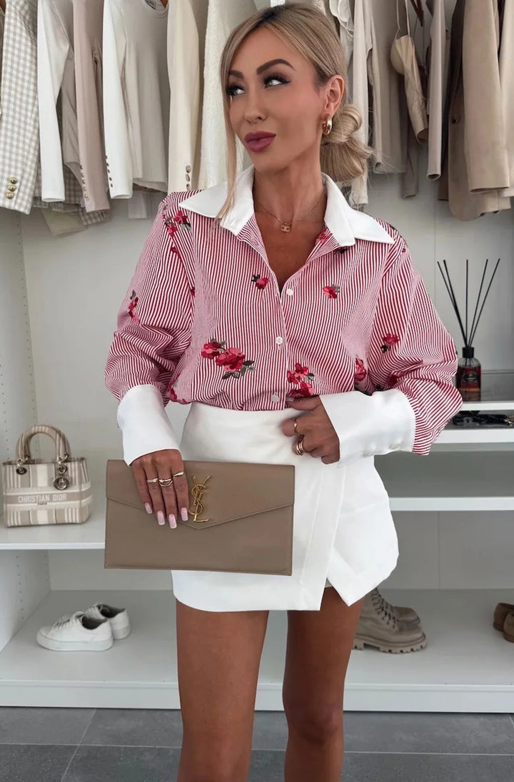 SUSAN FLORAL STRIPED BLOUSE SHIRT TOP-RED