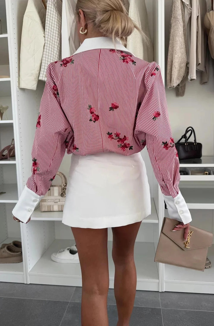 SUSAN FLORAL STRIPED BLOUSE SHIRT TOP-RED