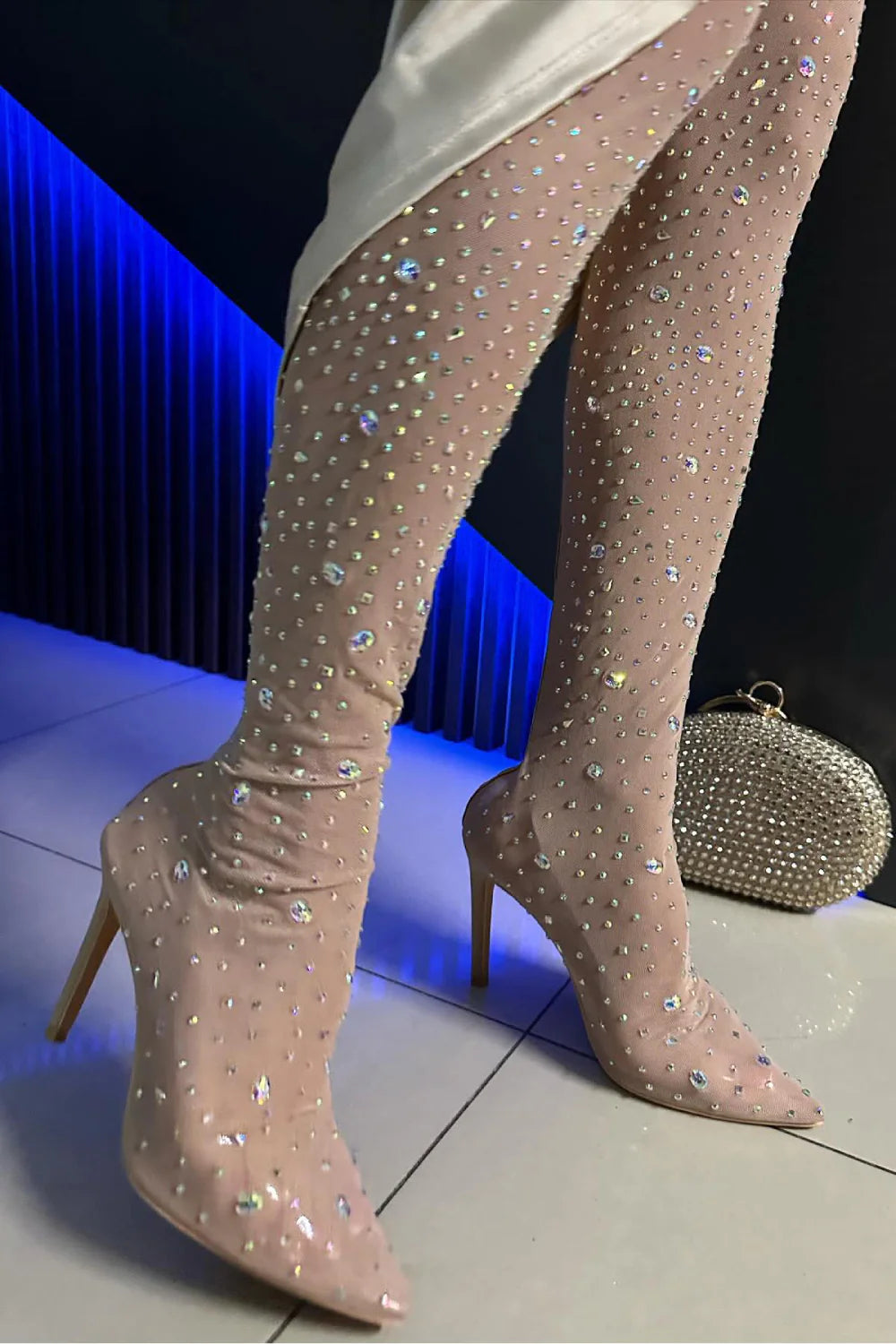 NUDE RHINESTONES KNEE HIGH BOOT