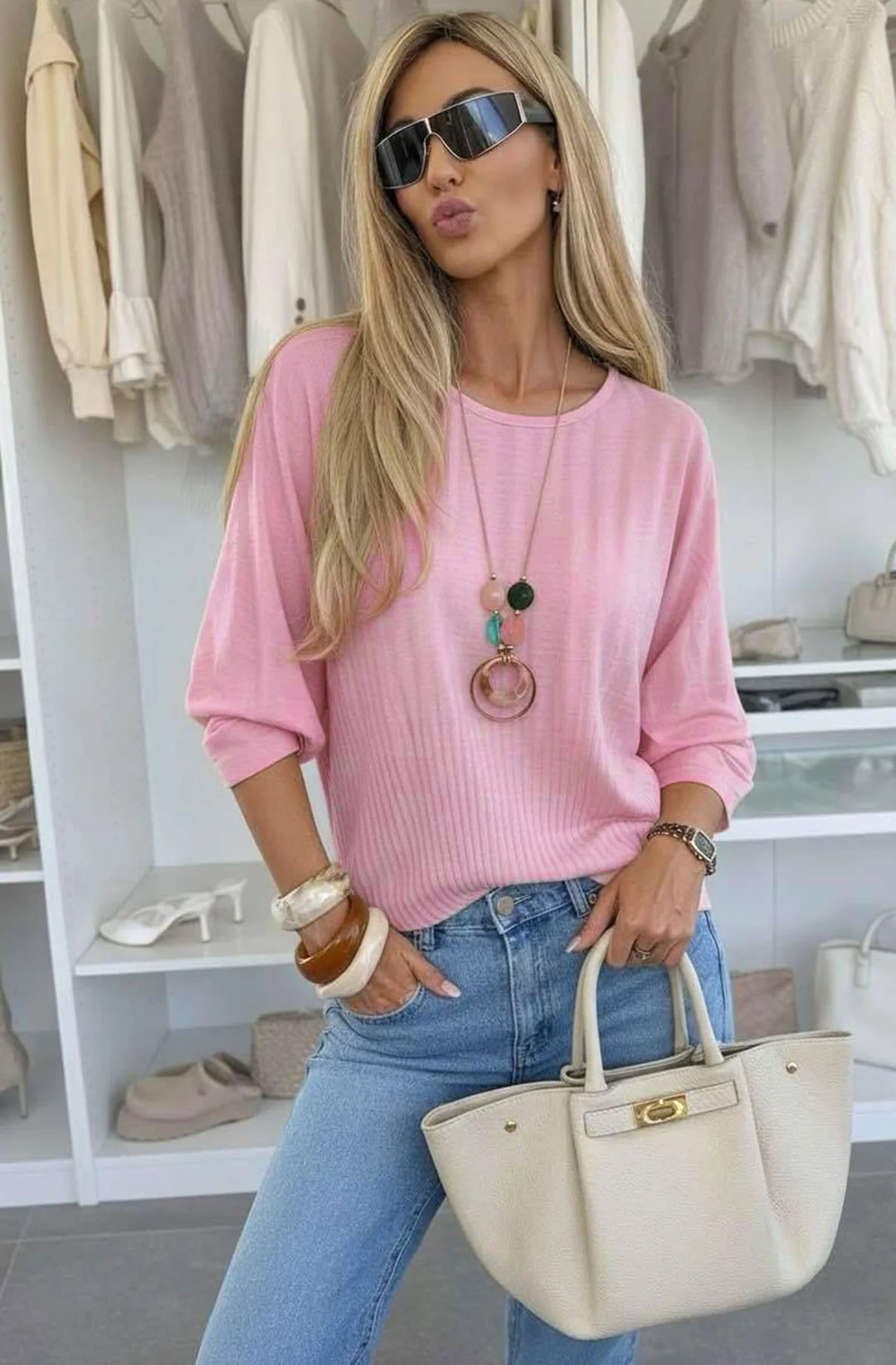 Talisa Lightweight Pleated Necklace Top-Pink
