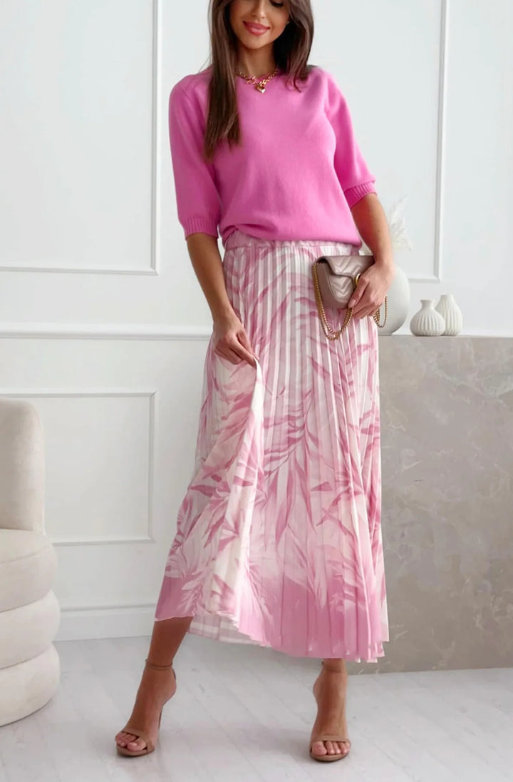 TARA PLEATED TROPICAL FLORAL MIDAXI SKIRT-PINK