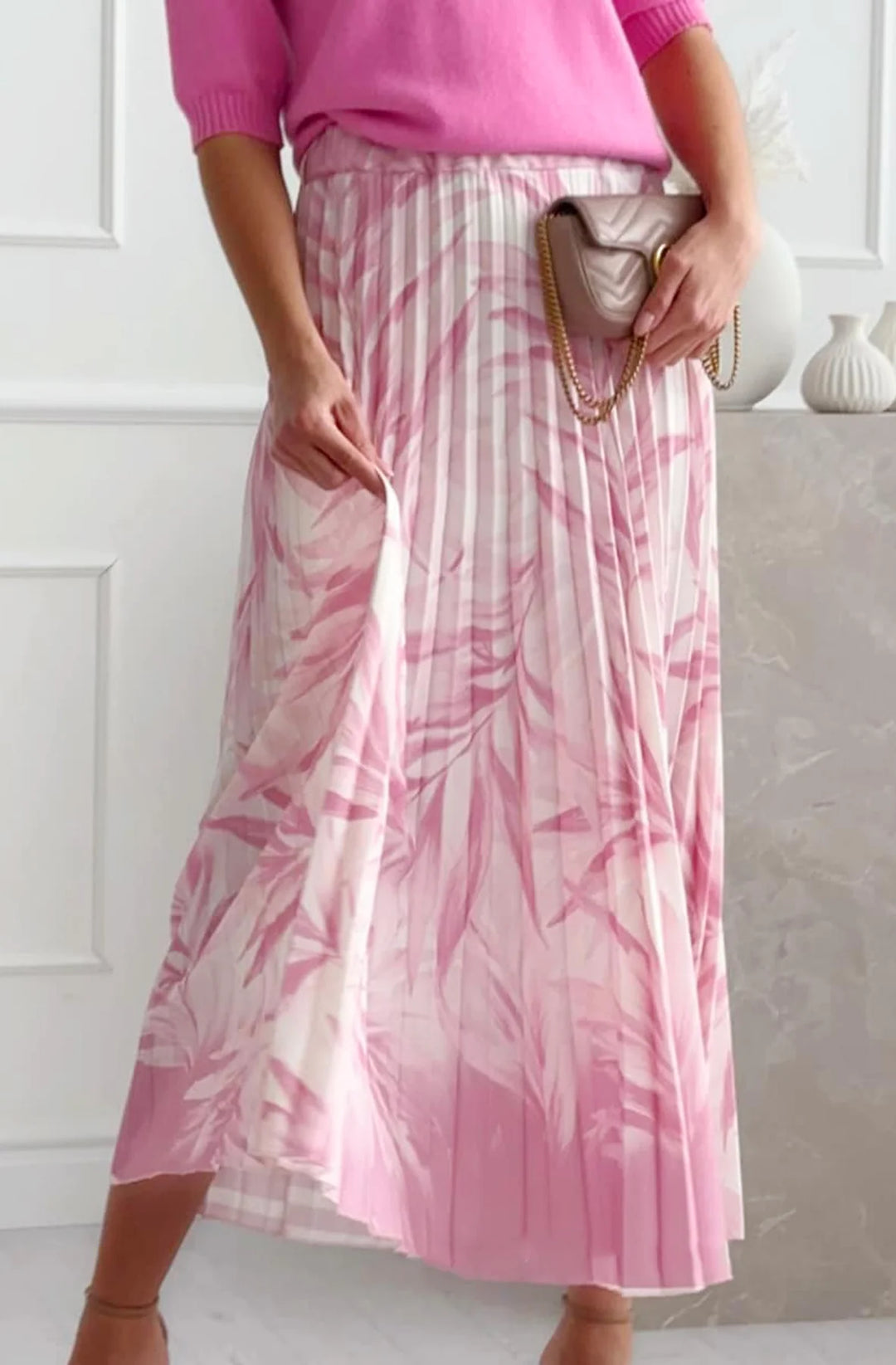 TARA PLEATED TROPICAL FLORAL MIDAXI SKIRT-PINK