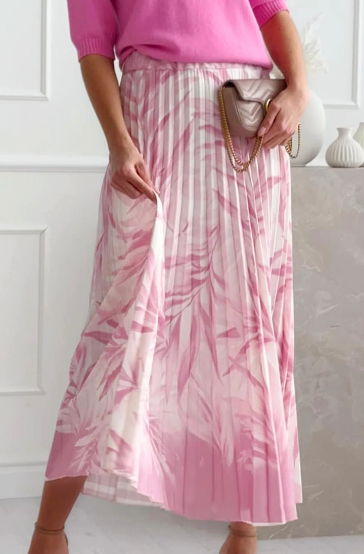 TARA PLEATED TROPICAL FLORAL MIDAXI SKIRT-PINK