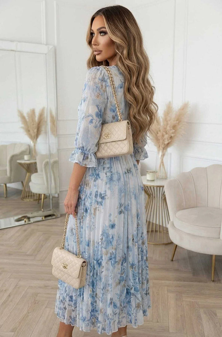 Teodora Rose Floral Pleated Belted Chiffon Maxi Dress-Blue