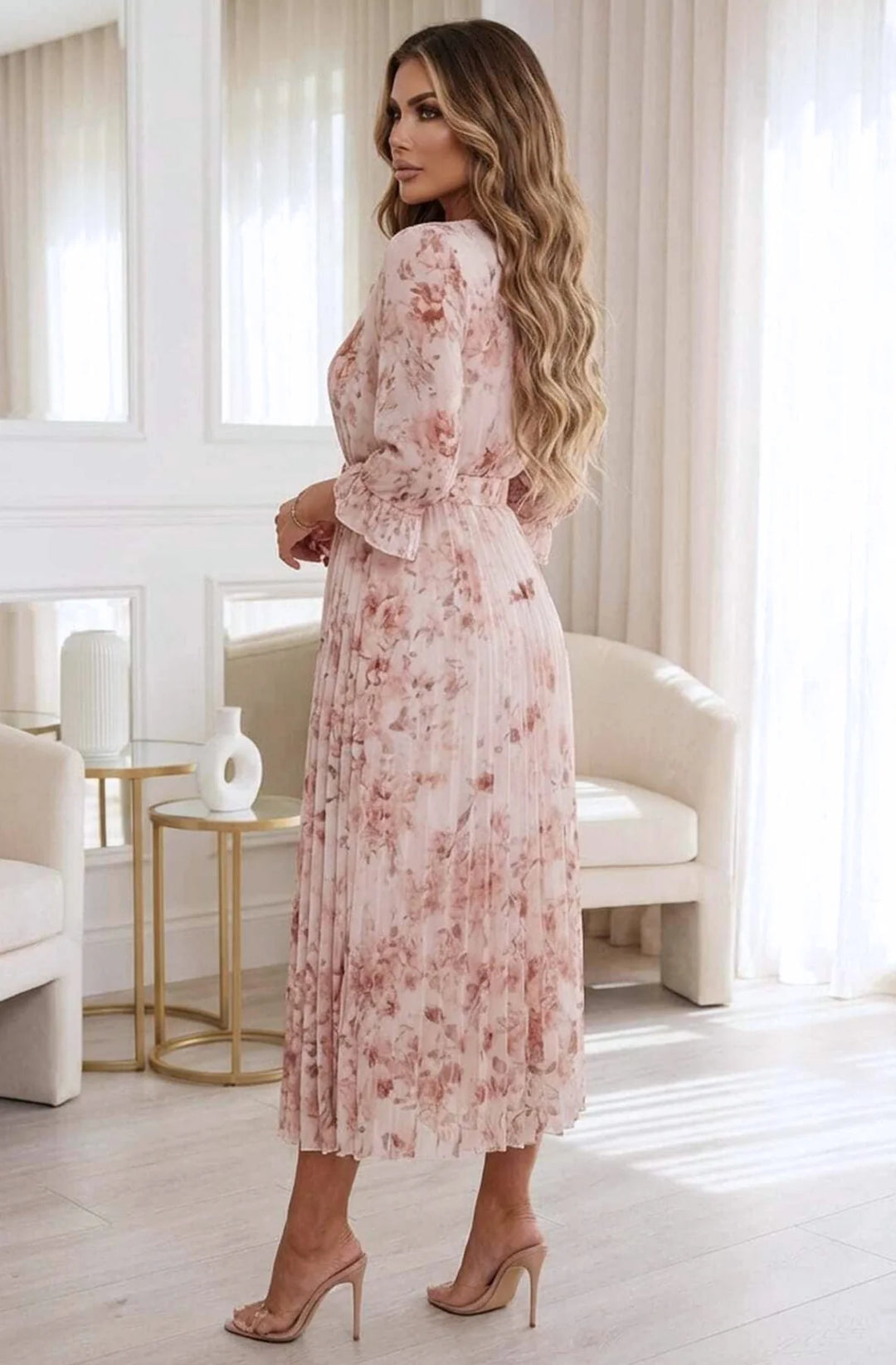 Teodora Rose Floral Pleated Belted Chiffon Maxi Dress-Mauve