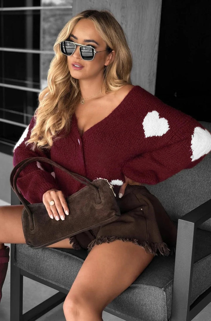 TRINNIE CONTRAST HEART PATTERNED KNITTED CARDIGAN-WINE