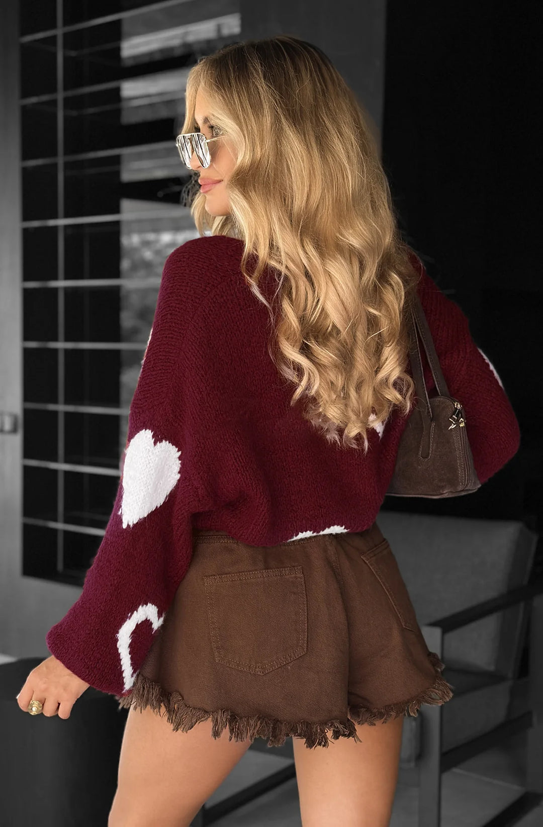 TRINNIE CONTRAST HEART PATTERNED KNITTED CARDIGAN-WINE