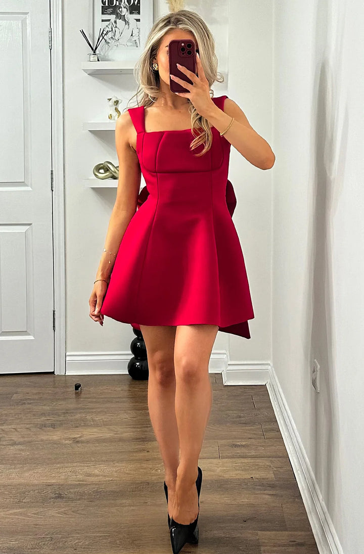 TRISHA 'BOW' SCUBA SKATER DRESS-RED