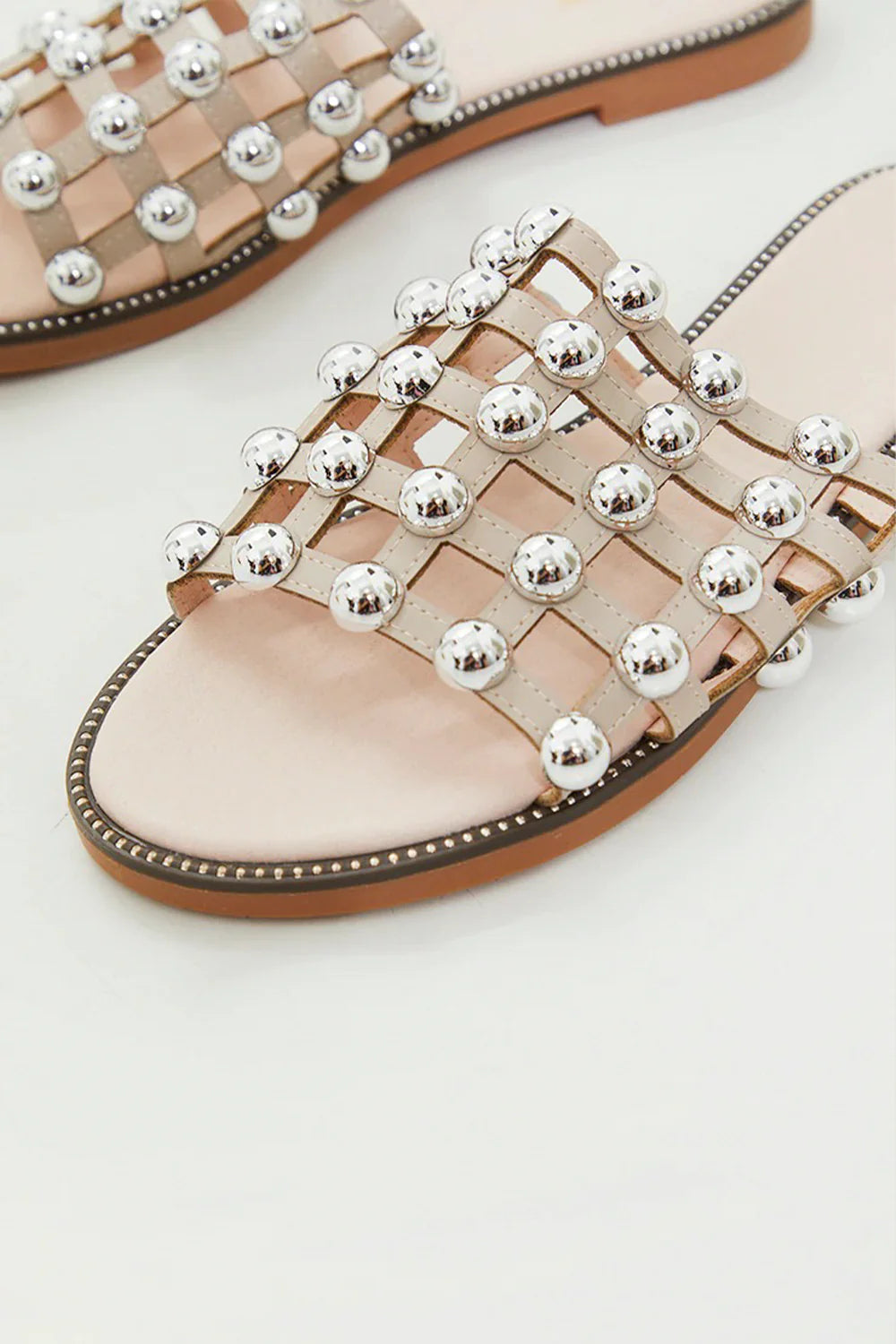 Nude PU Studded Caged Slider Sandals