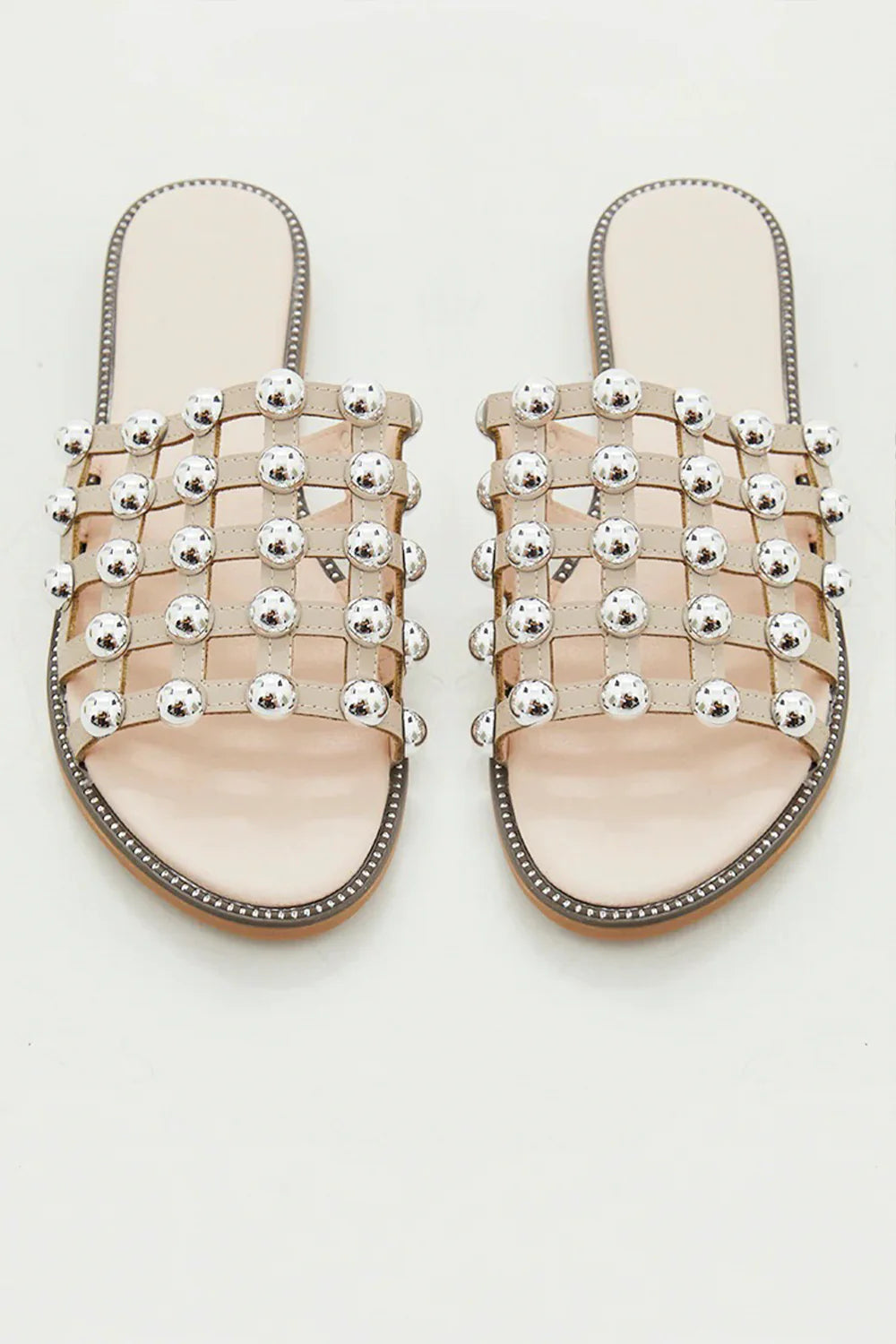 Nude PU Studded Caged Slider Sandals