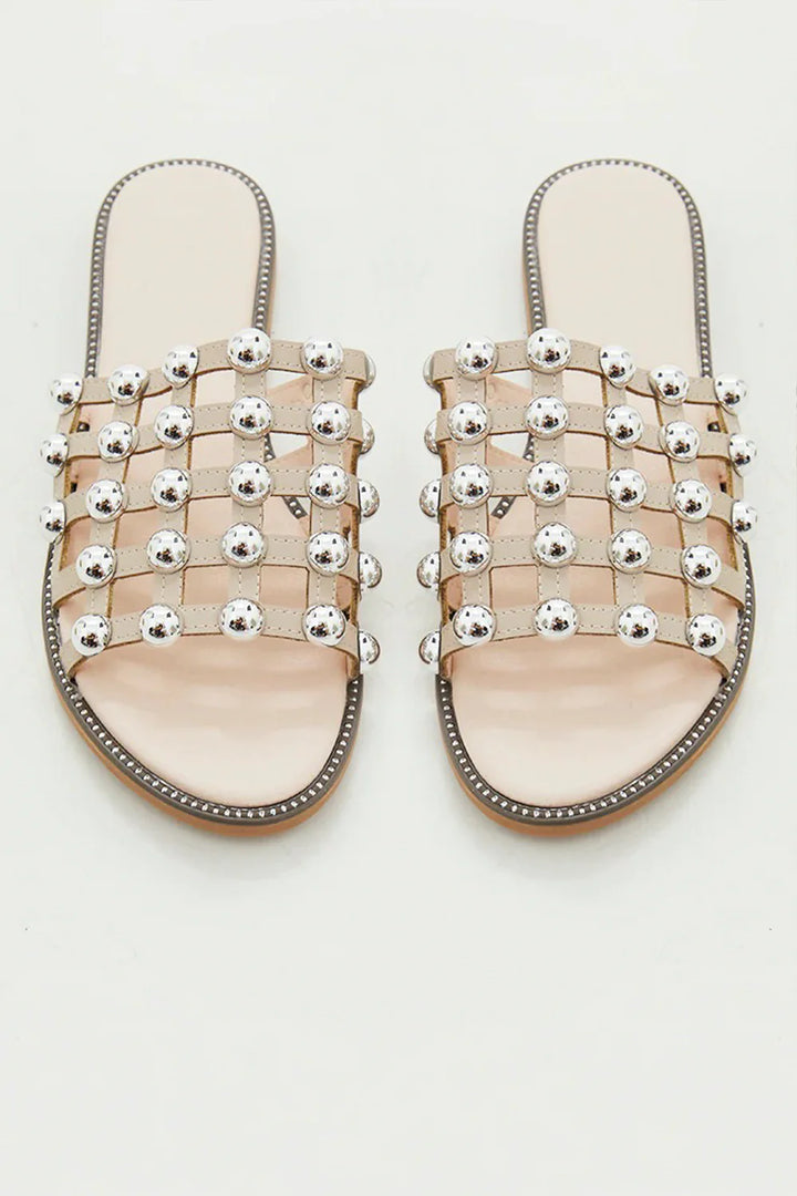 Nude PU Studded Caged Slider Sandals