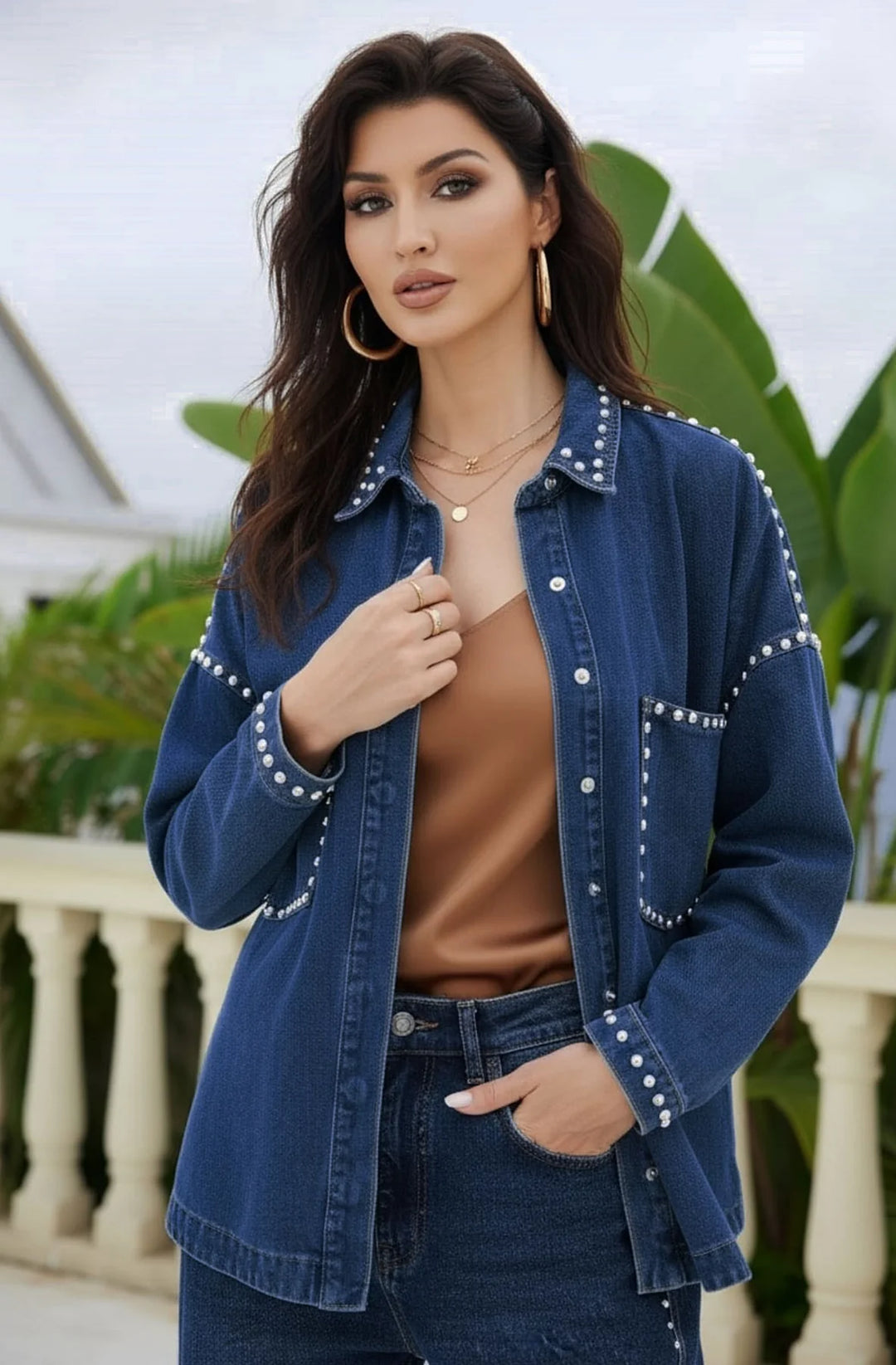 Vexa Studded Trim Denim Overshirt Shacket-Dark Blue