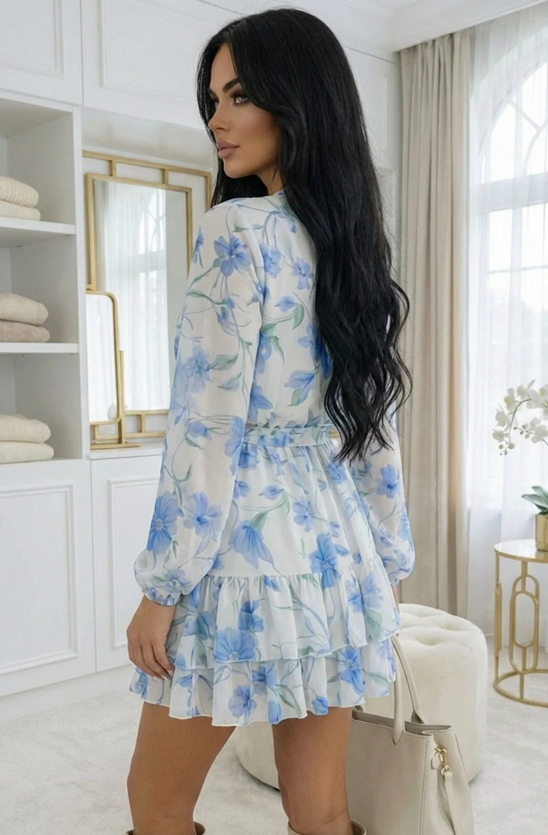 Willow Floral V-Neck Overlay Frill Mini Dress-Blue