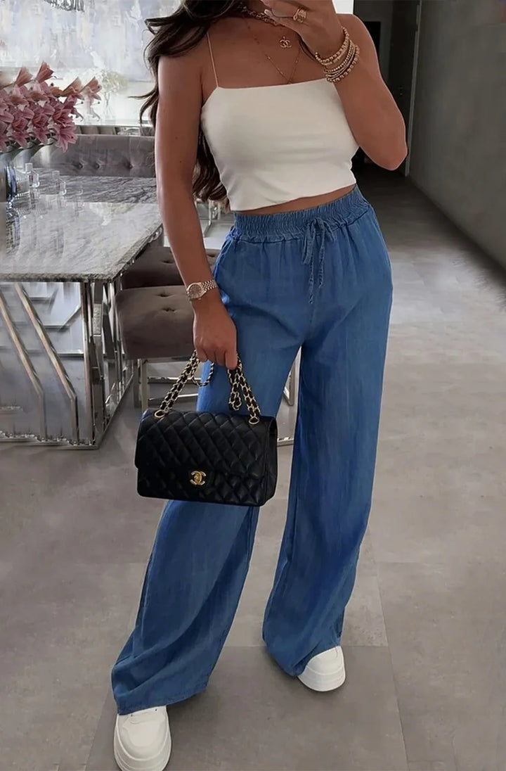 ZARINA WIDE LEG POCKET DETAIL TROUSERS-BLUE