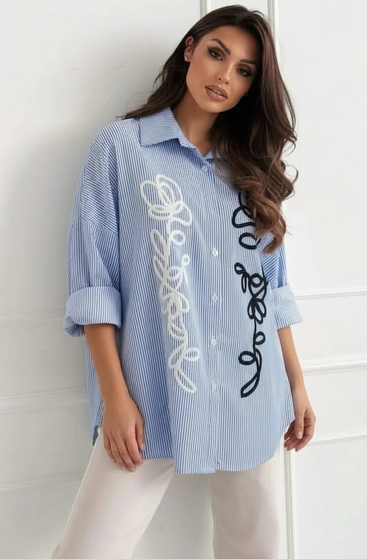 Zella Oversized Abstract Embroidered Stripe High Low Shirt Top- Light Blue