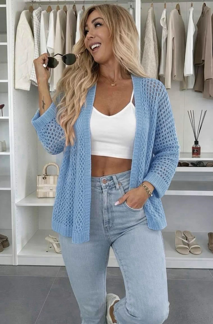 Zora Loose Open Knit Lightweight Cardigan-Blue