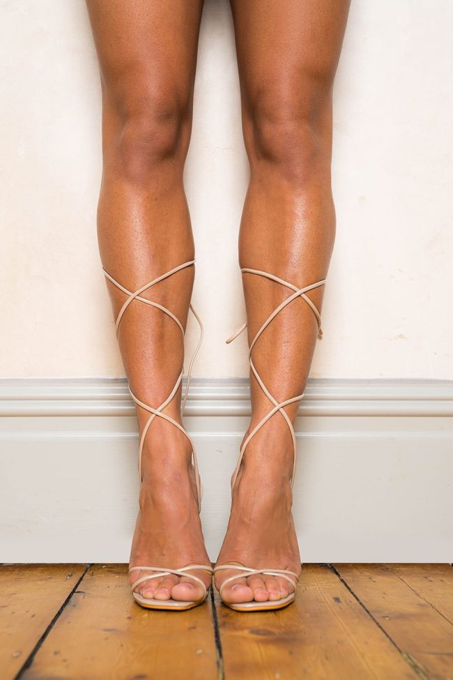 Nude Patent Strappy Tie Leg High Flat Perspex Heels