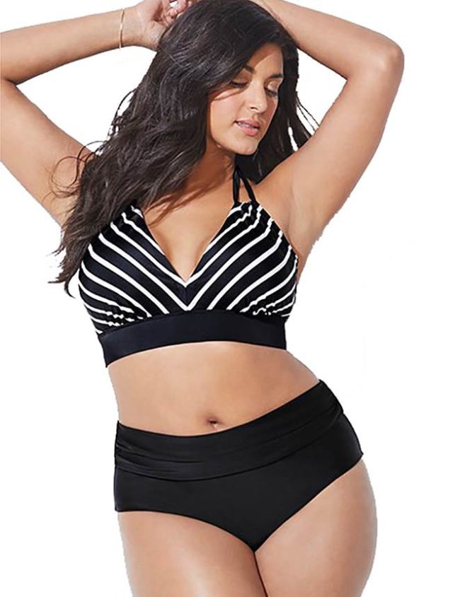 Plus Size Fashion Striped Sexy Black Bikini Set